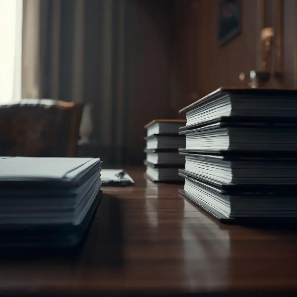 stacked-books-wooden-table-office-lighting